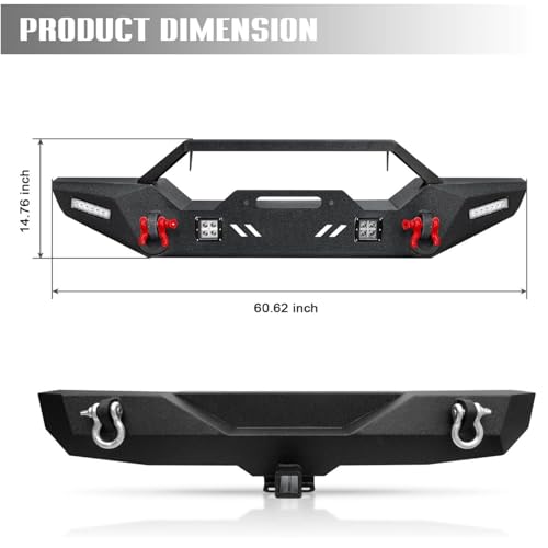 Front Bumper + Rear Bumper for 2007-2018 Wrangler JK, AAIWA Offroad Steel Bumper Full Width with 2" Hitch Receiver, LED Light Bars and D-rings - size: 2007-2018 JK Bumper with lights