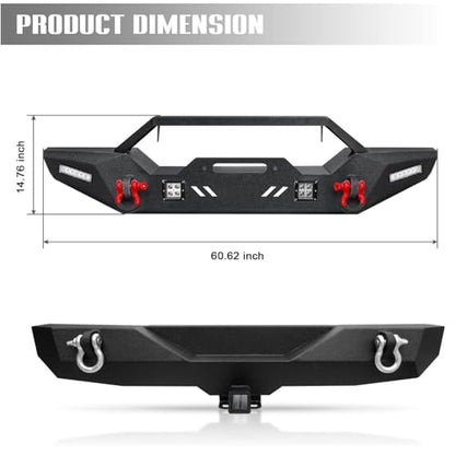 Front Bumper + Rear Bumper for 2007-2018 Wrangler JK, AAIWA Offroad Steel Bumper Full Width with 2" Hitch Receiver, LED Light Bars and D-rings - size: 2007-2018 JK Bumper with lights