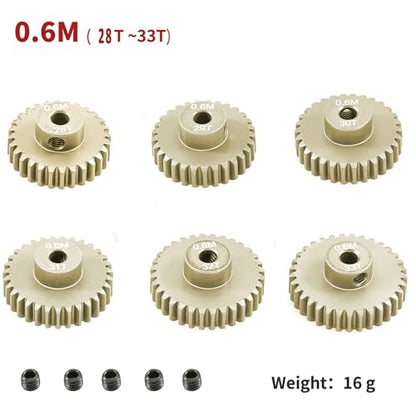 M0.6 Pinion Gear Set 3.175mm 28T 29T 30T 31T 32T 33T 6PCS 7075 Aluminum Alloy Metal Pinion Motor Gear for 1/10 RC Car Brushed Brushless Motor (6PCS - size: 0.6M-P-28-33T