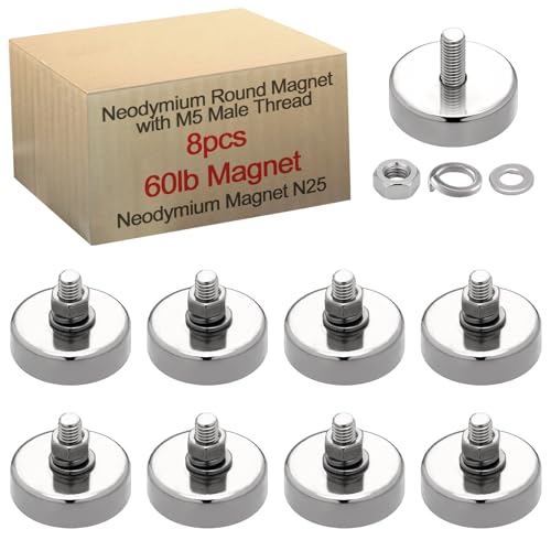 Flutesan 8 Pieces Heavy Duty Round Mounting Magnet with Bolt 0.98in-60lb-M5 Silver with Male Thread Stud Strong Magnet Super Powerful for Lighting Camera Brackets License Plate - color: Silver, size: 0.98in-60lb-M5