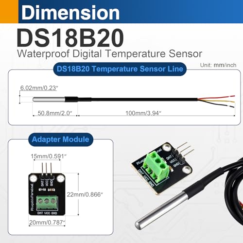 4 Pack DS18B20 Waterproof Temperature Sensor Probe, Stainless Steel Digital Sensor with Adapter Cable, Compatible with Arduino, Raspberry Pi, ESP32