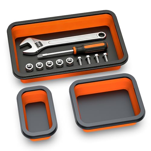 3-Piece Foldable Magnetic Parts Tray Set | Heavy-duty magnetic trays hold bolts, nuts, washers and small metal tools, then fold flat for compact storage.