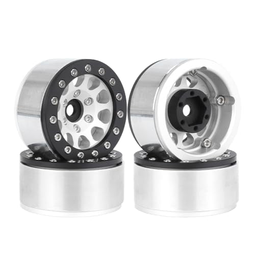 4PCS 1.55 Inch Aluminum Alloy Metal 10Holes Beadlock Wheel Rim Hubs Replacement Accessory for Tamiya AX90069 D90 TF2 CC01 CC02 1/10 RC Crawler Car Upgrade Parts (Black Silver) - color: Black Silver