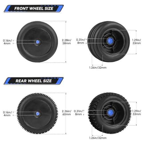 1/18 Off-Road Wheels and Tires 8mm Hex Preglued High Traction for Losi Mini-T 2.0 Brushless Stadium Truck (Black Wheels) - color: Black
