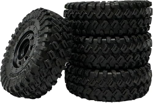 4Pack 1.3-inch beadlock wheels and rubber tire set suitable for 1/18 1/24 RC off-road vehicles compatible with Axial SCX24 TRX4M FMS FCX24 Enduro24 upgrade kits.