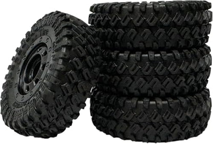 4Pack 1.3-inch beadlock wheels and rubber tire set suitable for 1/18 1/24 RC off-road vehicles compatible with Axial SCX24 TRX4M FMS FCX24 Enduro24 upgrade kits.
