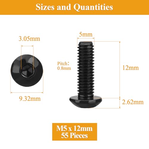 55 Pieces M5 x 12mm Button Head Socket Cap Screws, Thread Pitch 0.8mm, Sutemribor M5 Black Screws, 10.9 Grade Alloy Steel, Black Oxide Finish, Fully Threaded - size: M5 x 12mm, style: Button Head