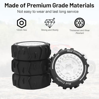 1/14 RC Wheels and Tires, daitoku 12mm Hex Hub RC Car Beach Tires for ARRMA 1/14 Typhon GROM - White - color: White