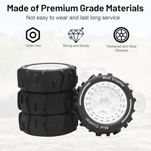 1/14 RC Wheels and Tires, daitoku 12mm Hex Hub RC Car Beach Tires for ARRMA 1/14 Typhon GROM - White - color: White