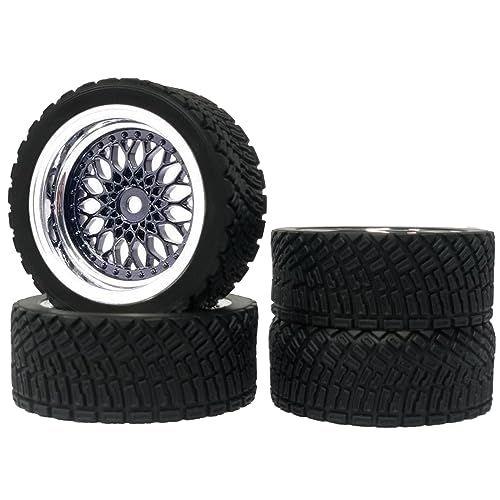 4PCS 65mm RC Rally Car Rubber Tires and Plastic Plating Wheel Rims Set 12mm Hex for 1/10 RC On-Road Rally Drift Racing Car for HSP Tamiya Sakura HPI WR8 HSP TT02 WLtoys(Black Silver) - color: Black