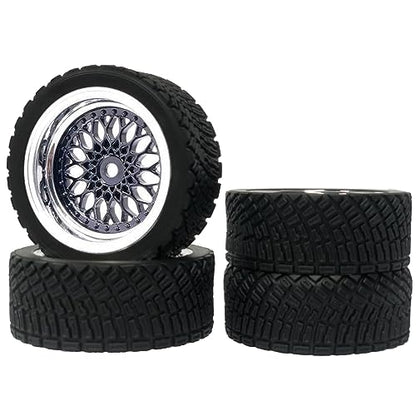4PCS 65mm RC Rally Car Rubber Tires and Plastic Plating Wheel Rims Set 12mm Hex for 1/10 RC On-Road Rally Drift Racing Car for HSP Tamiya Sakura HPI WR8 HSP TT02 WLtoys(Black Silver) - color: Black