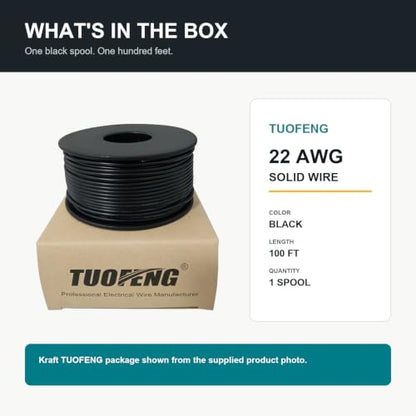 TUOFENG 22 AWG Solid Core Wire 100 ft, Black PVC Hook-Up Wire, 300V - size: 22 AWG solid wire black 100ft