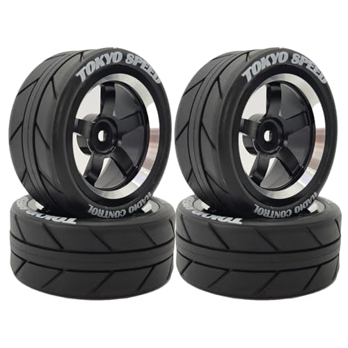 1/10 On Road Racing Tires and 5-Spoke Aluminum Wheels 12mm Hex OD 2.56" RC Touring Tyres for 1:10 Rally Street Drift Car Tamiya TT01 TT02 XV01 A959 PTG2 KYOSHO HSP Traxxas 4PCS (Black) - color: Black