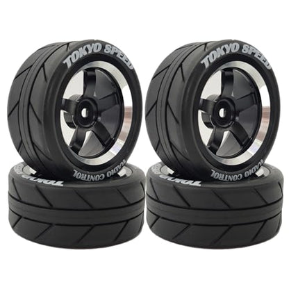 1/10 On Road Racing Tires and 5-Spoke Aluminum Wheels 12mm Hex OD 2.56" RC Touring Tyres for 1:10 Rally Street Drift Car Tamiya TT01 TT02 XV01 A959 PTG2 KYOSHO HSP Traxxas 4PCS (Black) - color: Black