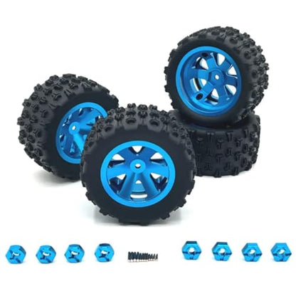 4Packs Metal Upgraded Clamp Wheel Hub Tires for Hyper Go H16BM H16GT H16DR H16PL H14BM RC Car Parts, 12mm Hex 84mm (3.3") Tires for Wltoys Hyper Go SCY 1/12 1/14 1/16 RC Car (Blue) - color: Blue