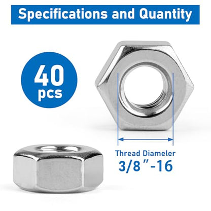 Hex Nuts, 40 Pack 3/8"-16 304 (A2-70) Stainless Steel Hardware Nuts,Standard Inch Coarse Thread Nuts - color: Silver, size: 3/8"-16