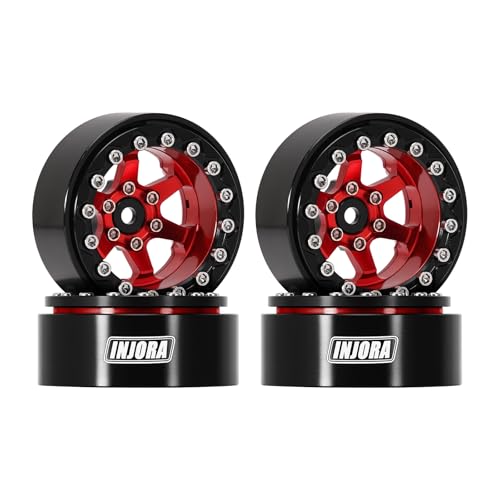 INJORA 1.3" Aluminium -5.25mm Offset Beadlock Wheels for 1/24 1/18 RC (Red) - color: Red