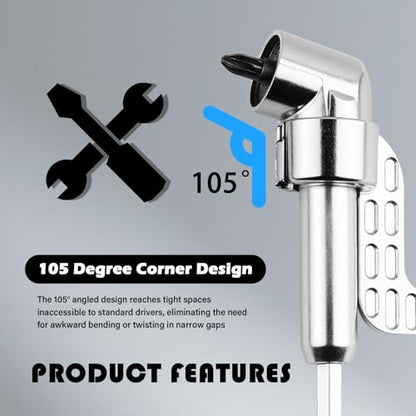 2PCS 105° Right Angle Drill Attachment & 25mm Screwdriver Bits Kit,Hex Magnetic 90 Degree Drill Attachment for Tight Space Repair,Universal Right Angle Drills Adapter