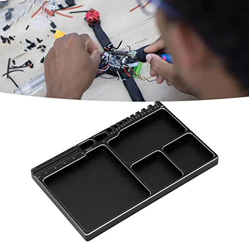 RC Magnetic Tray, 16x10x1.1cm Universal Aluminium Alloy Screw Tray RC Model Repair Tool Tray with Magnetic Pad for RC Trucks (Black) - color: Black