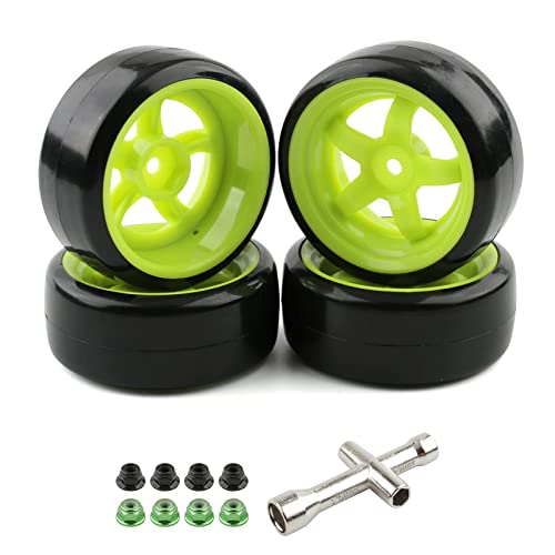 1/10 RC Drift Tires & Wheels, Fluorescent Green | Hard Plastic Drift Tires, 12mm Hex Rims, For HSP Redcat HPI Tamiya MST, Includes 8 Lock Nuts & Tool - color: Green