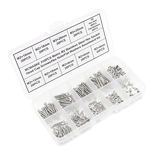 Metric M2 304 Stainless Steel Socket Head Cap Screws Hex Nuts/Flat Washers Assortment Kit - size: M2