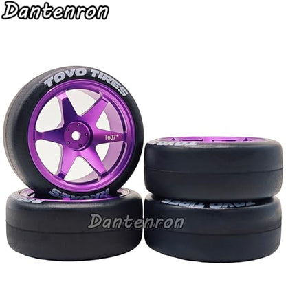 1/10 RC Drift Aluminum Wheels and Tires OD 65mm 1/12 Hard Drift Racing Tyres 12mm Hex for 1:10 Rally Street On Road Touring Car Tamiya TT01 TT02 XV01 TA06 A959 PTG2 KYOSHO 4PCS (Purple) - color: Purple