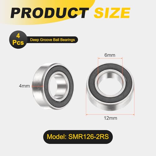 uxcell 4Pcs SMR126-2RS Deep Groove Ball Bearings, 6x12x4mm 440C Stainless Steel Double Shielded Bearings, ABEC 5 - size: 6x12x4mm