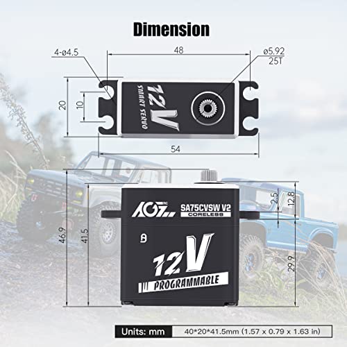 AGFRC SA75CVSW V2 45KG 12V Waterproof Servo for 1/8 RC Cars | 0.090Sec/60° @12V, Programmable, Coreless motor, Full Metal Gear, 180°, Fits 1/10 & 1/8 RC Cars/Trucks/Crawlers