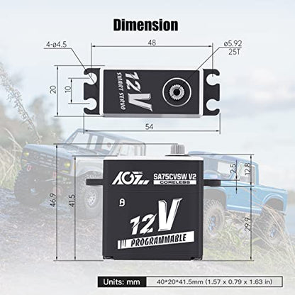 AGFRC SA75CVSW V2 45KG 12V Waterproof Servo for 1/8 RC Cars | 0.090Sec/60° @12V, Programmable, Coreless motor, Full Metal Gear, 180°, Fits 1/10 & 1/8 RC Cars/Trucks/Crawlers