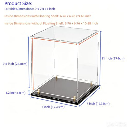 Acrylic Display Case with Raised Shelf, Clear Display Box with Black Base & Gold Standoffs, Dustproof Showcase for Collectibles, Figures, Model Cars – Easy Assembly (7×7×11 Inch) - size: 7"L x 7"W x 11"H