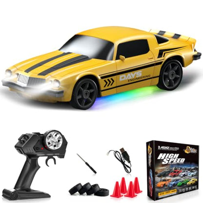 Remote Control Car RC Drift Car 2.4GHz 1:24 4WD 15KM/H High Speed Racing Sport Car with LED Lights Drifting Tire Racing Sport Toy for Adults Boys Girls Kids Gift - color: Yellow