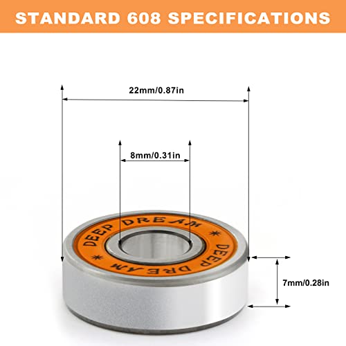 Premium 20Pcs 608rs Bearings Skateboard Bearings Chrome Steel Bearing Longboard Bearings (8x22x7mm) Double Rubber Sealed Deep Groove Bearing - size: 608-2rs-orange