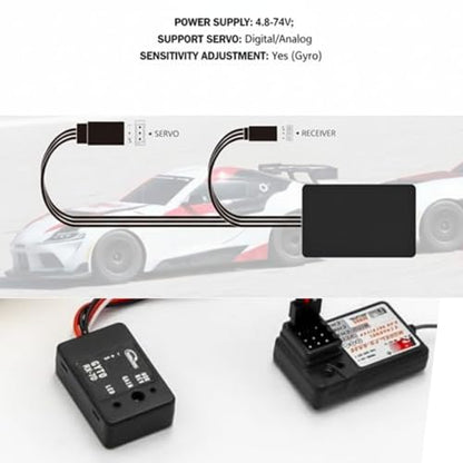 Mini Giroscopio 4.8-7.4V for RC RX-7D Drift Car Racing – RC Gyro Compatible with Digital and Analog Servo, Universal Receiver, Adjustable Sensitivity