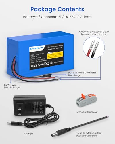 22.2V-24V 10Ah Lithium Battery, 24V Rechargeable Li-ion Battery with 25.2V 2A Charger, Bare Leads Wire, Cable Connector for Kids Ride On Cars, DIY Project, Solar Panels, LED Light Strip, CCTV Camera