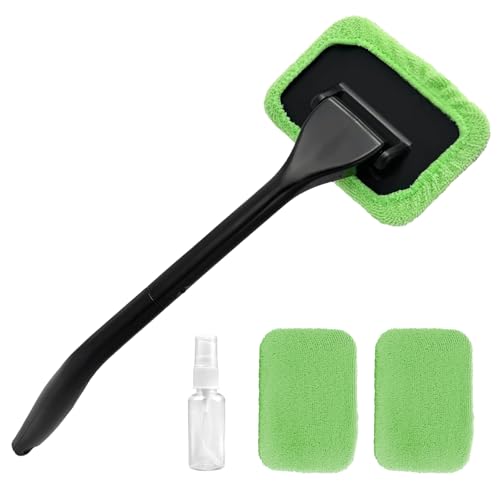 Car Windshield Cleaning Tool, Car Windshield Window Cleaner Set with Detachable Handle & 2 Reusable Microfiber Pads & Spray Bottle, Universal Auto Window Glass Cleaning Kit (Green) - color: Green