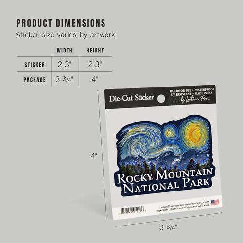 Lantern Press Sticker Rocky Mountain National Park, Starry Night National Park Series, Die Cut Vinyl, (Waterproof Decal for Cars, Water Bottles, Laptops, Coolers), Small - size: Small Sticker