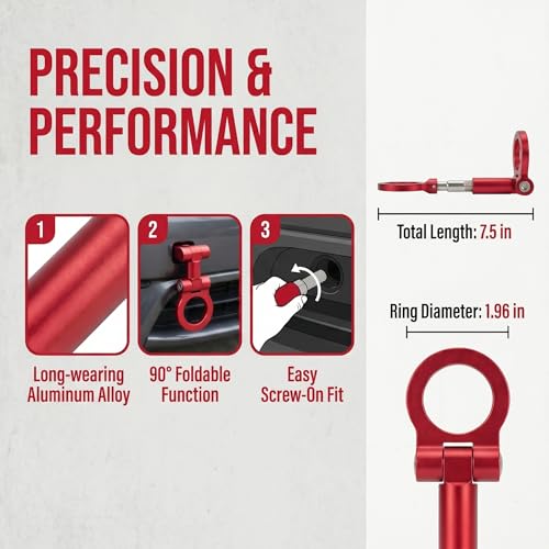 Car Front Bumper Tow Hook, Rustproof Aluminum Alloy Track Racing Style Tow Hook Ring, European Thread Screw-On Trailer Ring Eye Tows Hooks Kit, Universal Towing Trailer Puller for Cars(Red)
