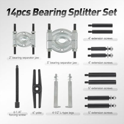 DNA Motoring 14 PCS Bearing Puller Set, 5 Ton Capacity Bearing Separator with 2" and 3" Jaws, Pinion Bearing Puller and Wheel Bearing Removal Tool, TOOLS-00453 - style: 14pcs Bearing Separator Set