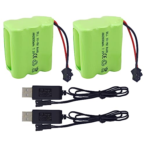 2PCS AA 7.2V 2800mAh Ni-MH High Capacity Battery with SM-2P Plug and 2PCS USB Charging Cable for Toy Tank Engineering, Flat Semi-Trailer Trucks, RC Cars Spare Batteries Pack