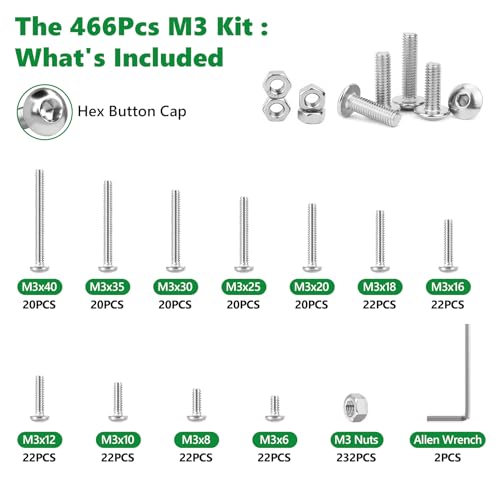 466 Pcs M3 Hex Button Cap Screws Nuts Washers Wrench Kit, 304 SS | (6mm-40mm) with 2 Hex Wrenches, Metric Fastener Set for 3D Printing & Machinery DIY Repair,Clear Label Storage Box - size: SS M2 466pcs 2