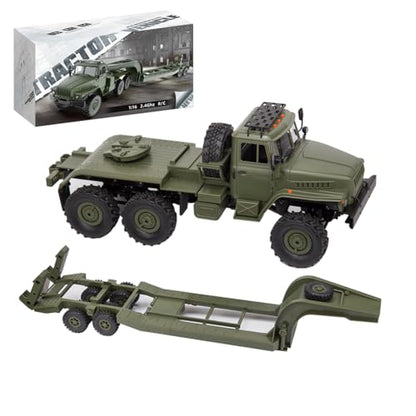 1/16 WPL RC Military Trailer, 2.4G 6WD 41.3 Inch Full-Proportional RC Transport Semi Trailer Tractor Truck Engineering Vehicle Models Toys