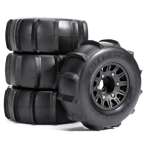 Pre-Glued Sand & Snow Paddle Wheel & Tire Set for 1/10 RC Truck Fits Slash, Arrma Fury/Senton, Tekno SCT410, HSP 94155, 117 x 45.5 mm, 12/14/17 mm Hex, 4 pcs, Black - color: Black