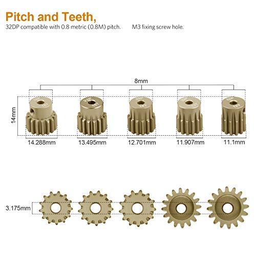5PCS 32DP 540 Motor Pinion Gear 12T 13T 14T 15T 16T 3.175mm Shaft Pinion | Gears Replacement Parts Set Kit for 1/10 RC Car Brushless Brush Motor - color: Gold 32p 16t-20t