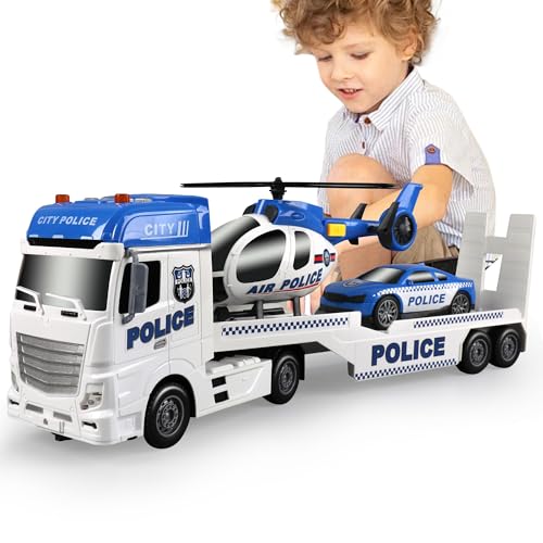 Dwi Dowellin Toddler Boy Toys for 3 4 5 6 Year Old, 25" Semi Truck Toy with Racing Car and Helicopter - Police Toys,Birthday Gifts for Kids Child 2 3 4 5 6 Years Old - style: Police Truck