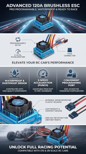 VGEBY RC Brushless ESC, 120A RC Brushless ESC Programmable Acceleration Plug ESC Complete Motors Complete Motors for 1/10 1/8 RC Car,