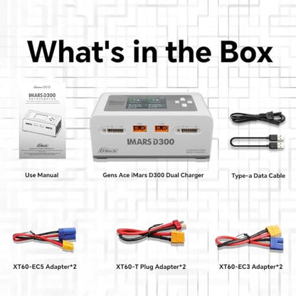 IMARS D300 Gens Ace Lipo Battery Charger G-Tech Smart Dual Lipo Balance Charger AC 300W DC 700W(350W*2) 16A Dual Channel Charger for 1s~6s Lipo Batteries, Life/NiCd/MH/LiHV, Plug&Play (White)