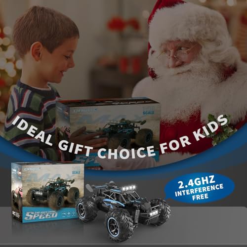 Carox Remote Control Car & RC Cars, 2.4GHz 25KM/H High Speed RC Car, 1:18 Off-Road Monster Truck with LED Lights and 1800mAh Rechargeable Battery–Blue - color: Blue