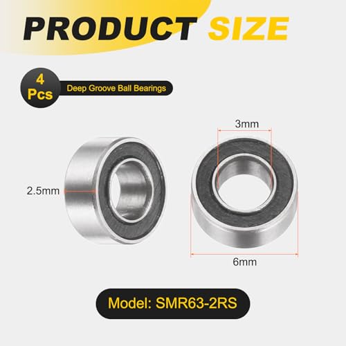 uxcell 4Pcs SMR63-2RS Deep Groove Ball Bearings, 3x6x2.5mm 440C Stainless Steel Double Shielded Bearings, ABEC 5 - size: 3x6x2.5mm