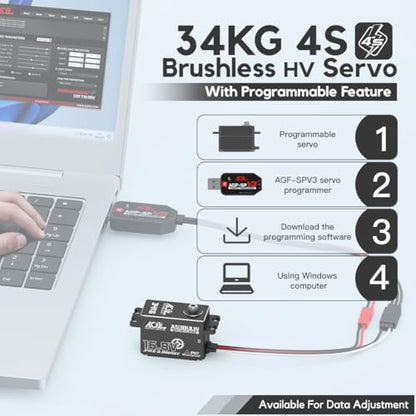 AGFRC A53BULW 34KG 16.8V Waterproof Low-Profile RC Servo | 0.08Sec Speed, 16.8V Direct Power, Brushless Motor, Programmable, Full Metal Gears, Fits 1/10 1/8 RC Cars