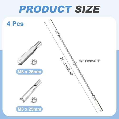 MECCANIXITY 4 Pcs Metal Clip Pushrod Connector Linkage, 304 Stainless Steel M3 Threaded Rod with Metal Clip for RC Plane Fixed Wing Aircraft DIY Models Parts, 253mm/9.96" - size: M3 x 253mm